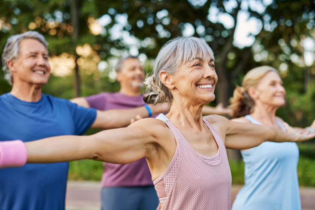group of exercising seniors defy myths about aging